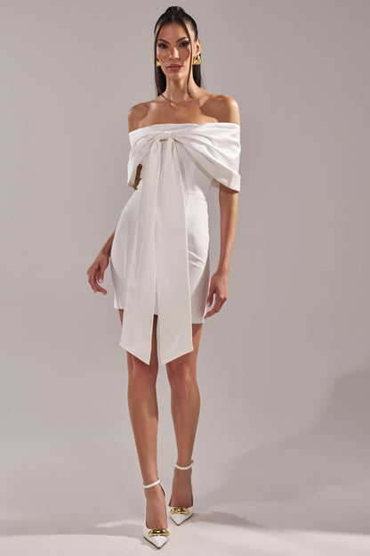 Celenor White Off-Shoulder Satin Bow Front Bodycon Mini Dress