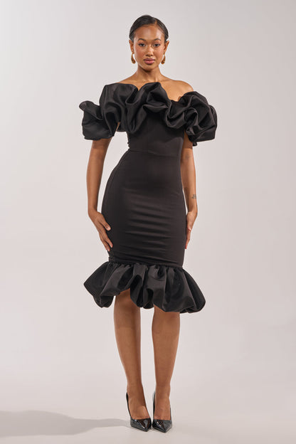 Celenor Black Strapless Ruffle Puff Sleeve Fishtail Midi Dress