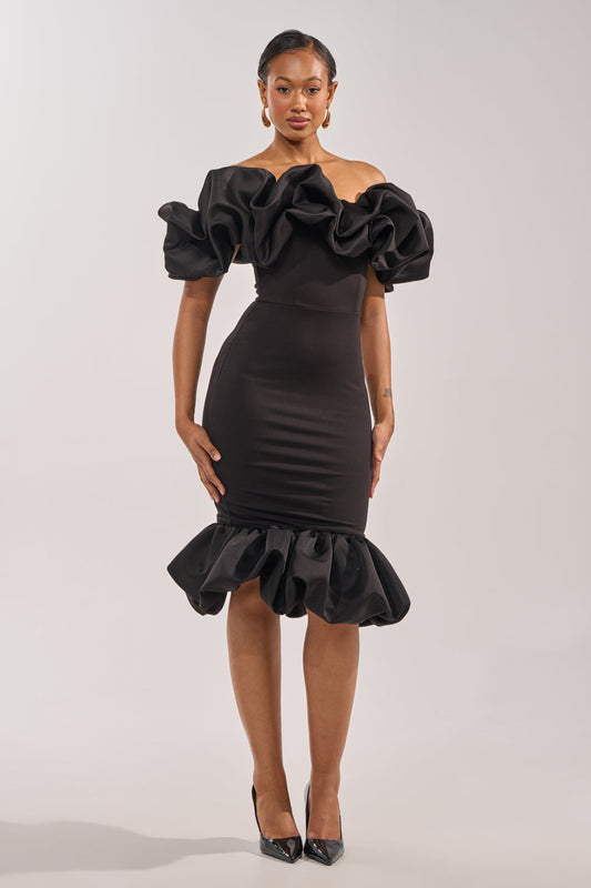 Celenor Black Strapless Ruffle Puff Sleeve Fishtail Midi Dress