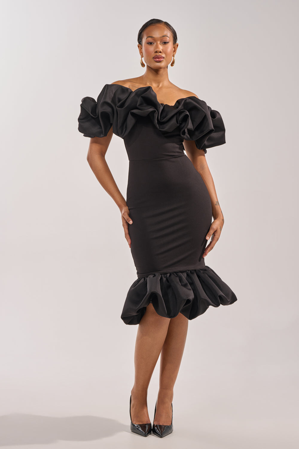 Celenor Black Strapless Ruffle Puff Sleeve Fishtail Midi Dress
