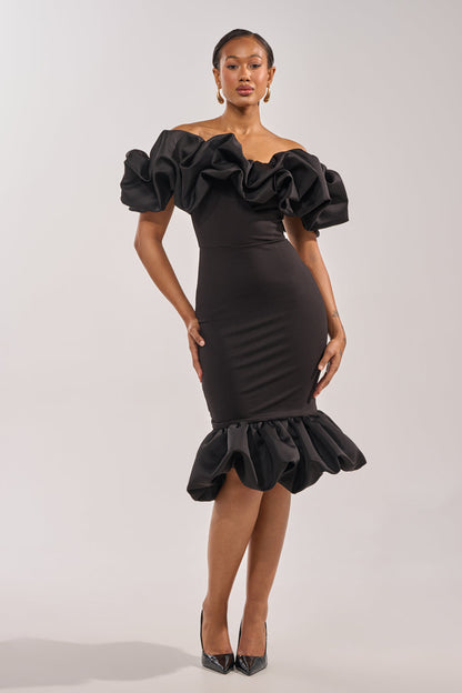 Celenor Black Strapless Ruffle Puff Sleeve Fishtail Midi Dress