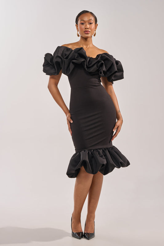 Celenor Black Strapless Ruffle Puff Sleeve Fishtail Midi Dress