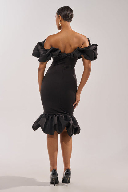 Celenor Black Strapless Ruffle Puff Sleeve Fishtail Midi Dress