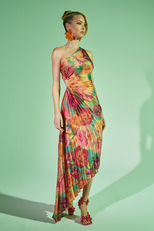 Celenor Tropical Floral Print One-Shoulder Ruched Midi Dress