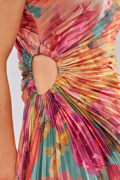 Celenor Tropical Floral Print One-Shoulder Ruched Midi Dress