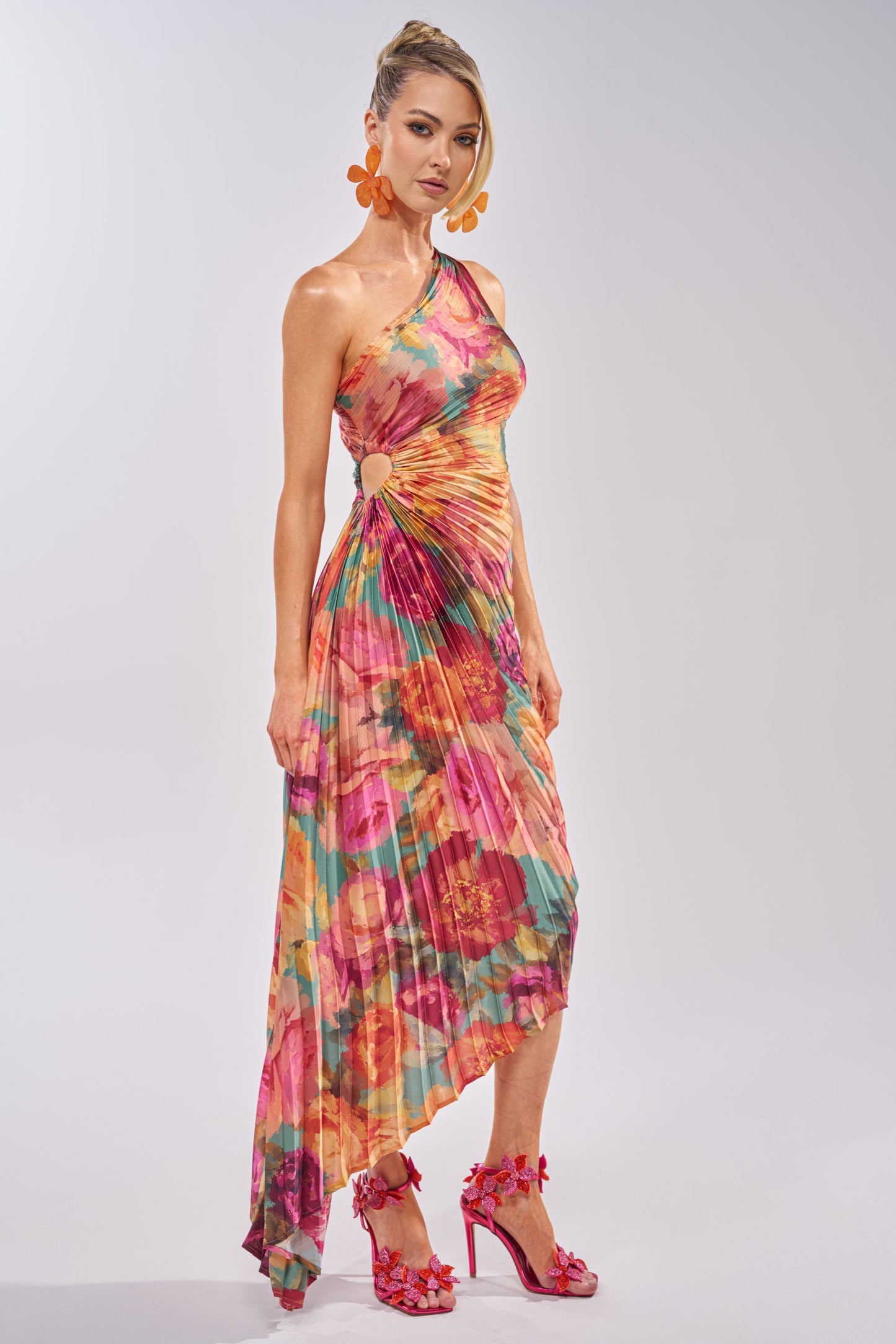 Celenor Tropical Floral Print One-Shoulder Ruched Midi Dress