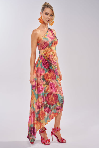 Celenor Tropical Floral Print One-Shoulder Ruched Midi Dress