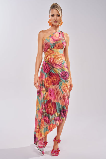 Celenor Tropical Floral Print One-Shoulder Ruched Midi Dress