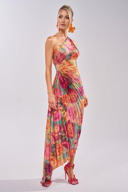 Celenor Tropical Floral Print One-Shoulder Ruched Midi Dress