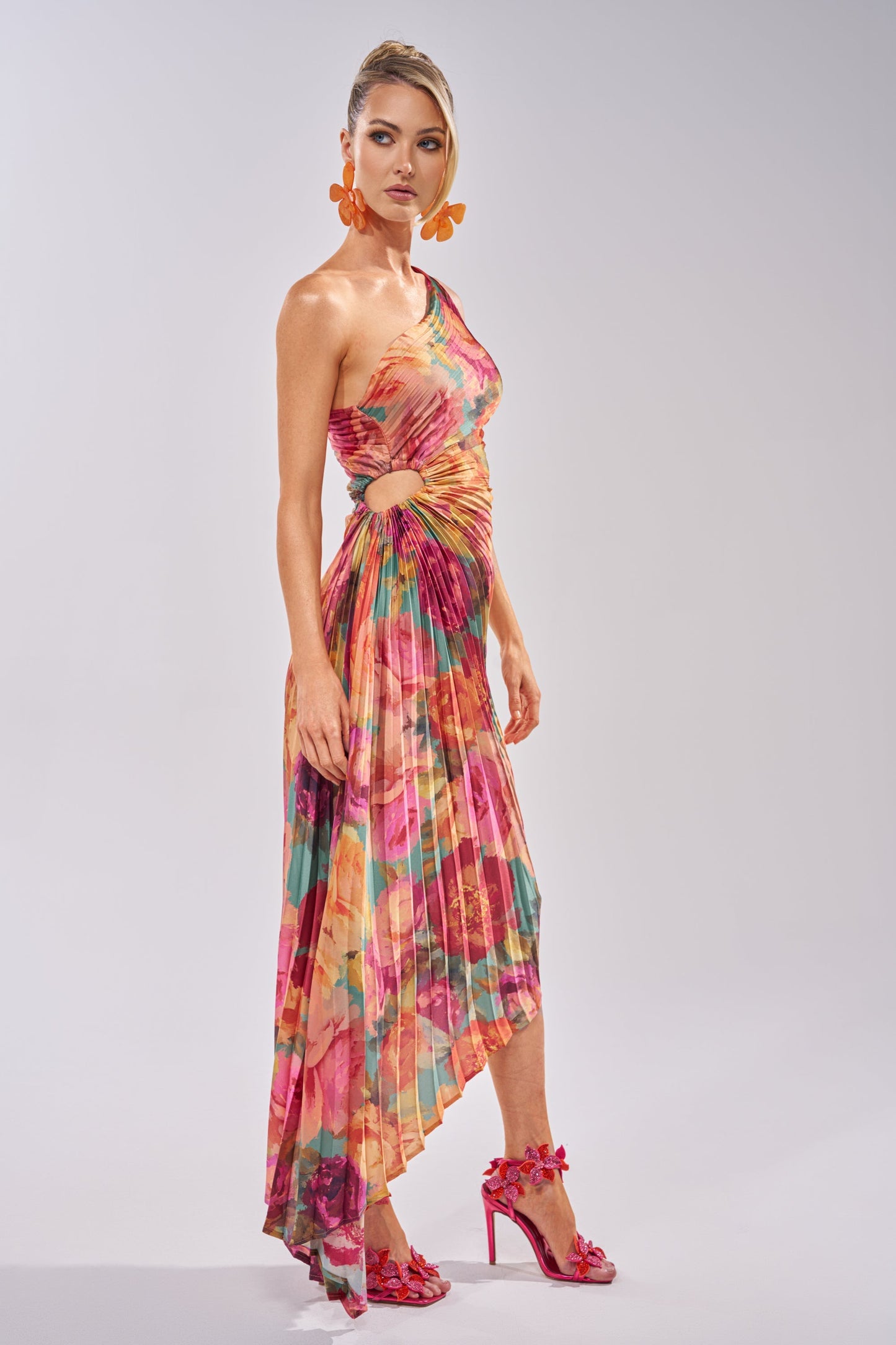 Celenor Tropical Floral Print One-Shoulder Ruched Midi Dress
