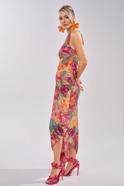 Celenor Tropical Floral Print One-Shoulder Ruched Midi Dress