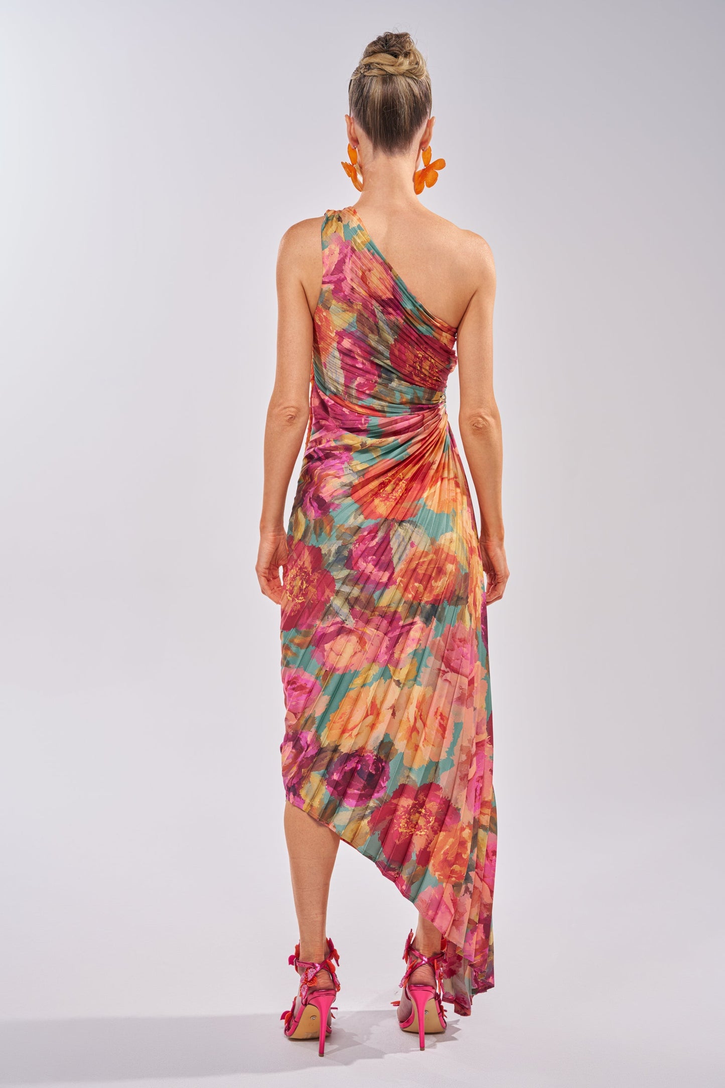 Celenor Tropical Floral Print One-Shoulder Ruched Midi Dress