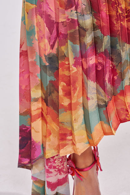 Celenor Tropical Floral Print One-Shoulder Ruched Midi Dress