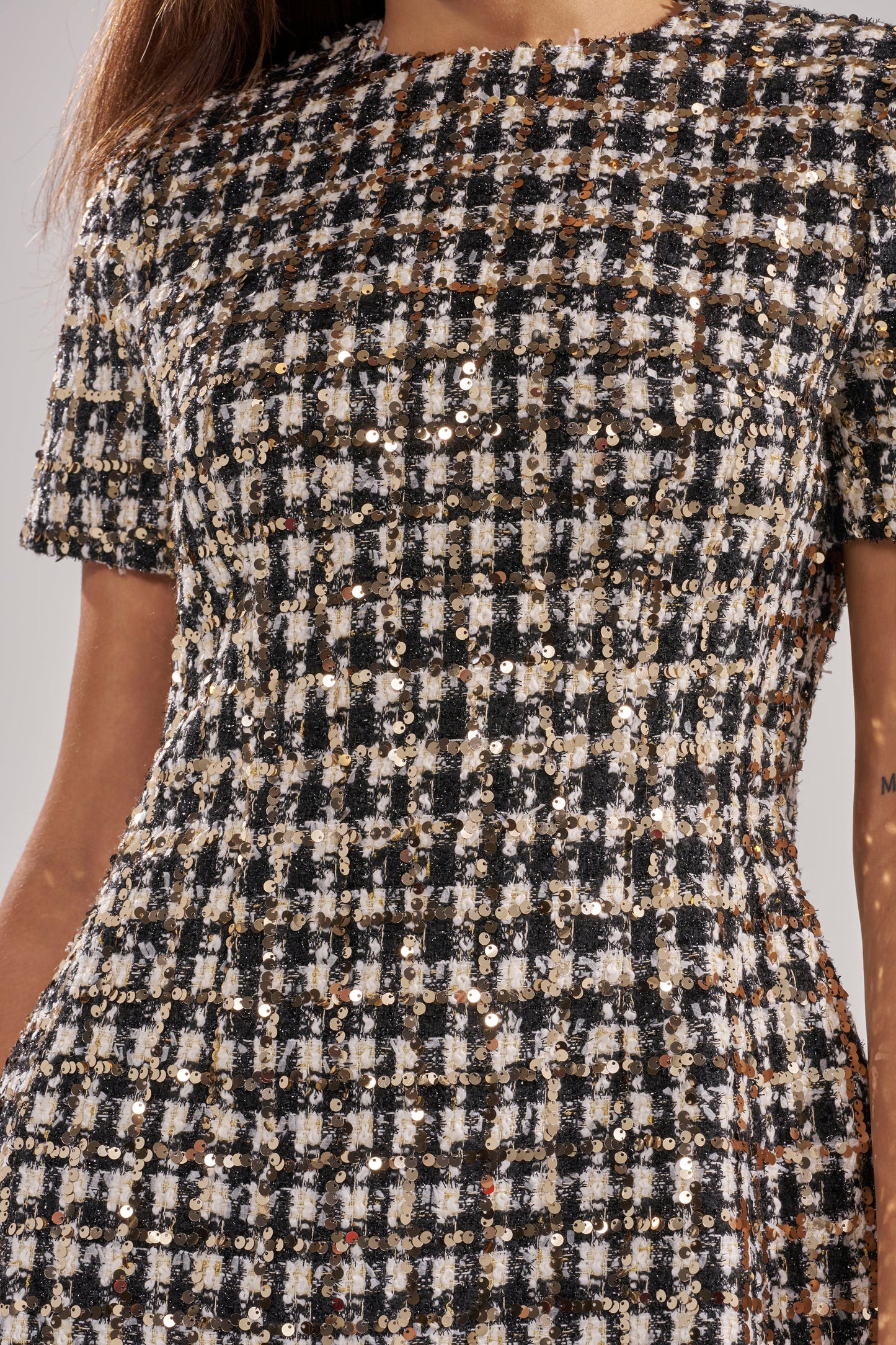 Celenor Black Cream Tweed Sequin Short Sleeve Mini Dress