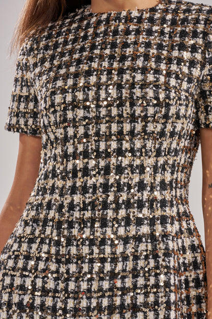 Celenor Black Cream Tweed Sequin Short Sleeve Mini Dress