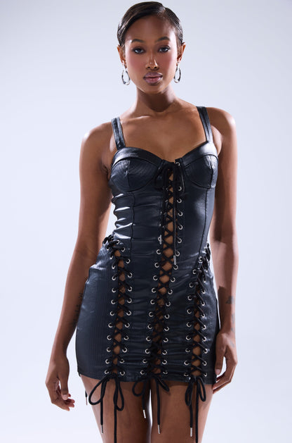 Celenor Black Faux Leather Lace-Up Corset Bodycon Mini Dress