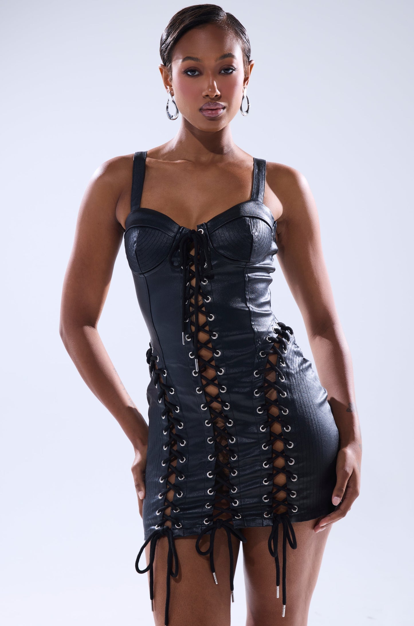 Celenor Black Faux Leather Lace-Up Corset Bodycon Mini Dress