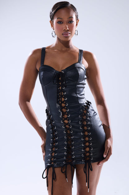 Celenor Black Faux Leather Lace-Up Corset Bodycon Mini Dress