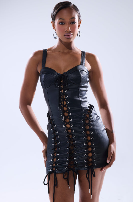 Celenor Black Faux Leather Lace-Up Corset Bodycon Mini Dress