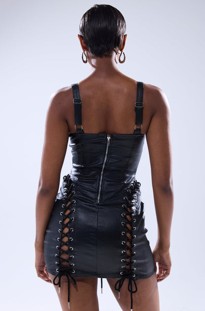 Celenor Black Faux Leather Lace-Up Corset Bodycon Mini Dress