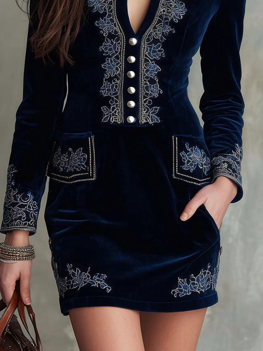Celenor Navy Embroidered Velvet Mock-Neck Mini Dress