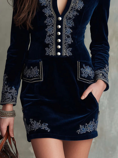 Celenor Navy Embroidered Velvet Mock-Neck Mini Dress