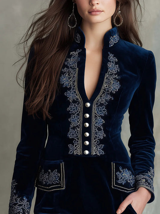 Celenor Navy Embroidered Velvet Mock-Neck Mini Dress