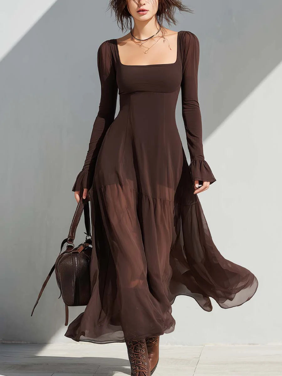Celenor Brown Square Neck Sheer Sleeve Midi Dress