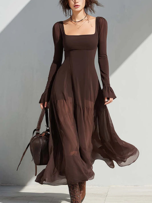 Celenor Brown Square Neck Sheer Sleeve Midi Dress