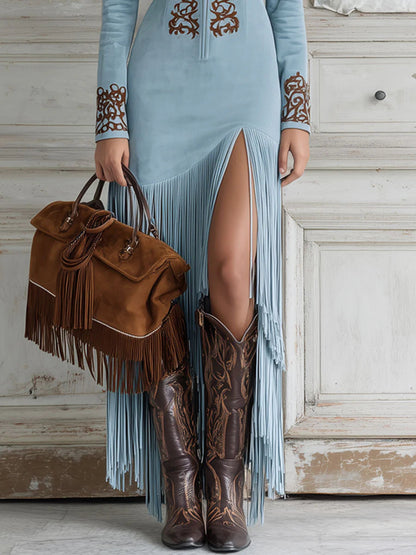 Celenor Fringe Embroidered Half-Zip V-Neck Maxi Dress