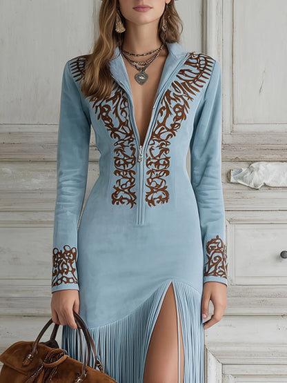 Celenor Fringe Embroidered Half-Zip V-Neck Maxi Dress