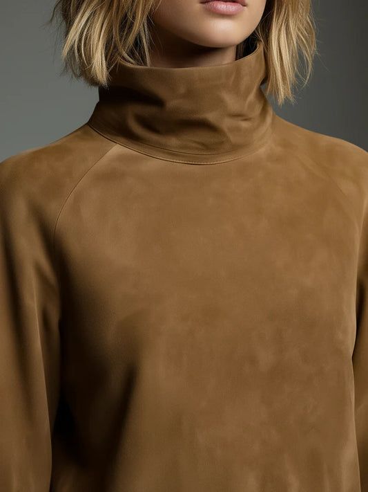 Celenor Brown Suede Turtleneck Puff Sleeve Mini Dress