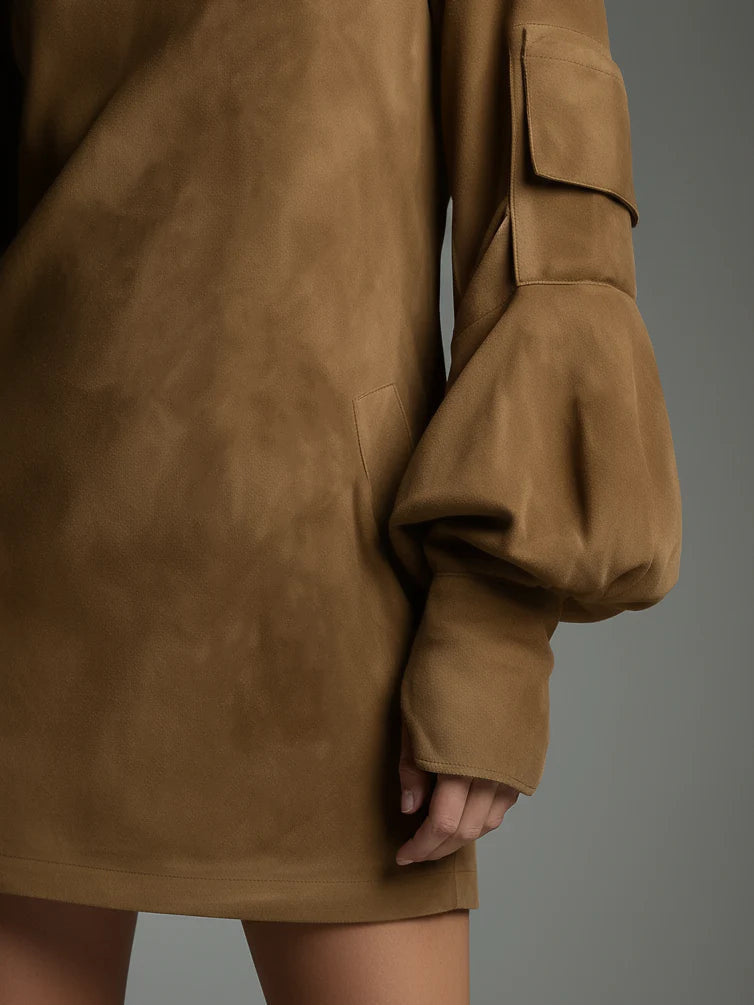 Celenor Brown Suede Turtleneck Puff Sleeve Mini Dress
