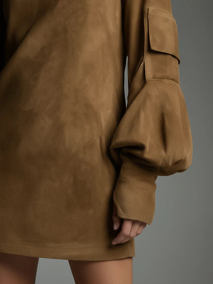 Celenor Brown Suede Turtleneck Puff Sleeve Mini Dress