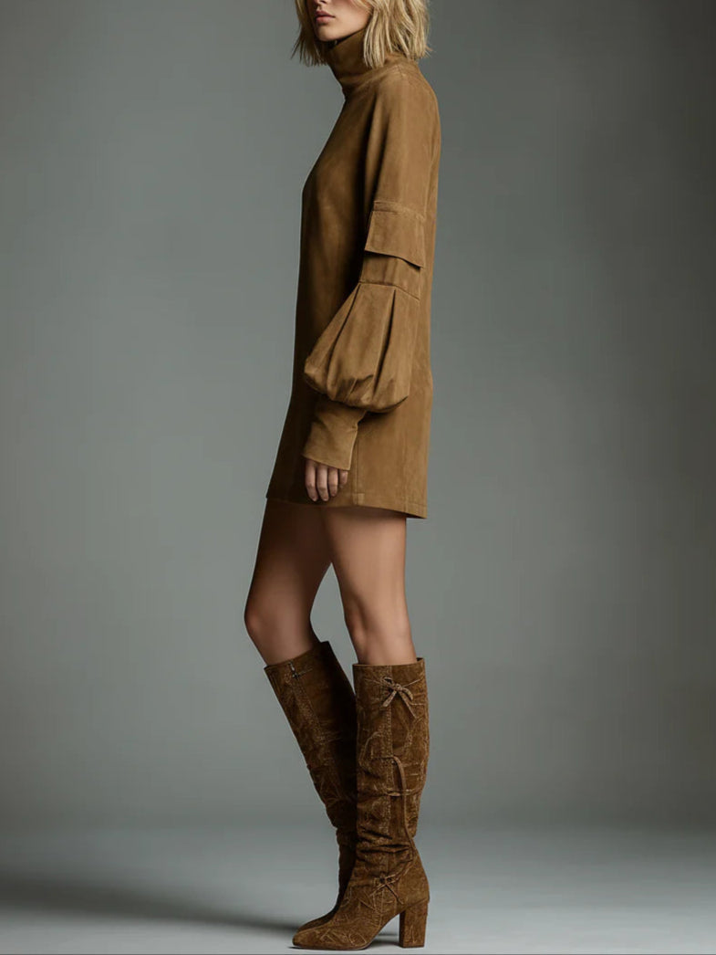 Celenor Brown Suede Turtleneck Puff Sleeve Mini Dress