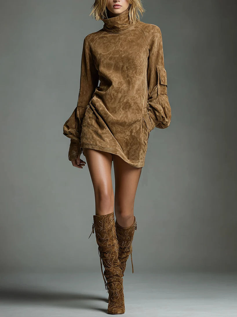 Celenor Brown Suede Turtleneck Puff Sleeve Mini Dress