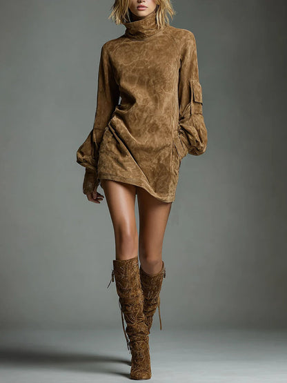 Celenor Brown Suede Turtleneck Puff Sleeve Mini Dress