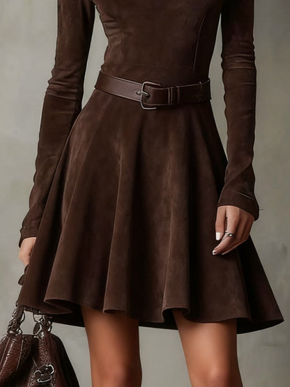 Celenor Brown Suede Mock Neck Fit-Flare Mini Dress