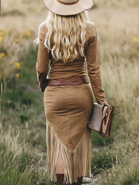 Celenor Brown Western Collared Zipper Long Sleeve Midi Dress