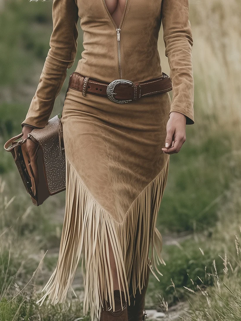 Celenor Brown Western Collared Zipper Long Sleeve Midi Dress