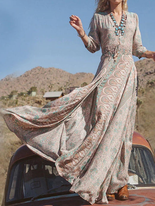 Celenor Brown Boho Print V-Neck Slit Maxi Dress