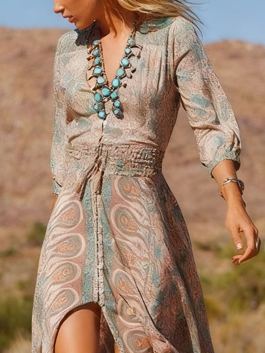 Celenor Brown Boho Print V-Neck Slit Maxi Dress