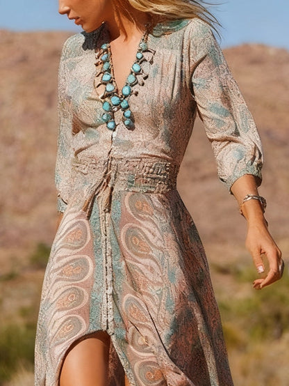 Celenor Brown Boho Print V-Neck Slit Maxi Dress