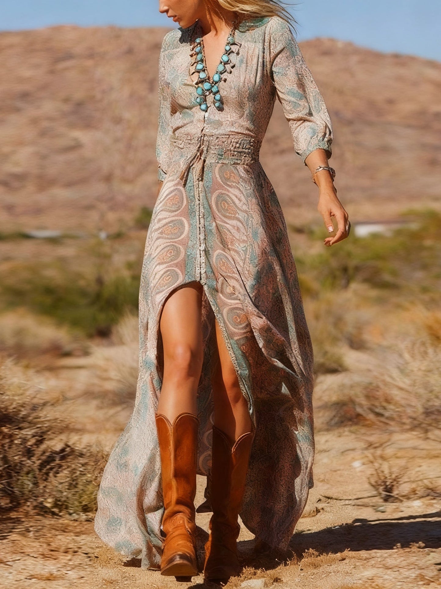 Celenor Brown Boho Print V-Neck Slit Maxi Dress
