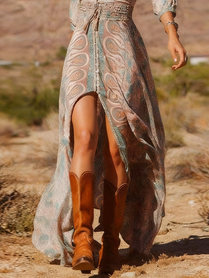 Celenor Brown Boho Print V-Neck Slit Maxi Dress