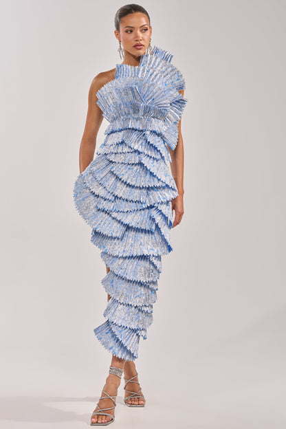 Celenor Blue Asymmetric One-Shoulder Tiered Fringe Midi Dress