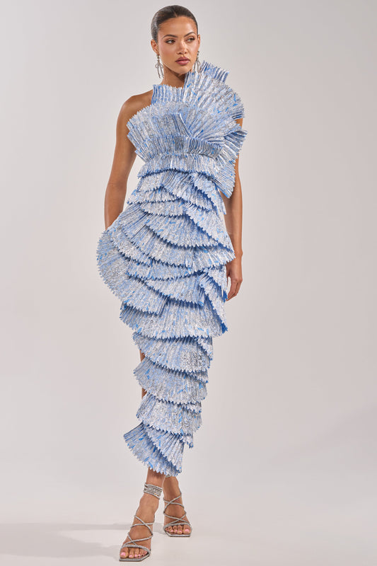 Celenor Blue Asymmetric One-Shoulder Tiered Fringe Midi Dress