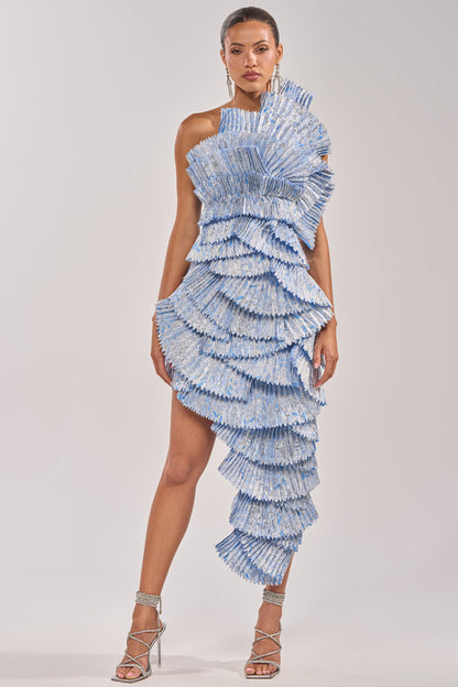 Celenor Blue Asymmetric One-Shoulder Tiered Fringe Midi Dress