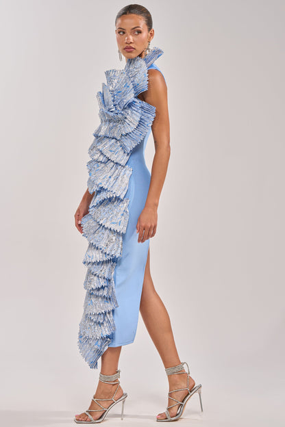 Celenor Blue Asymmetric One-Shoulder Tiered Fringe Midi Dress