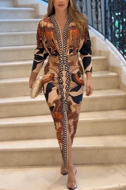 Celenor Multicolor Tribal Print Long Sleeve Midi Dress